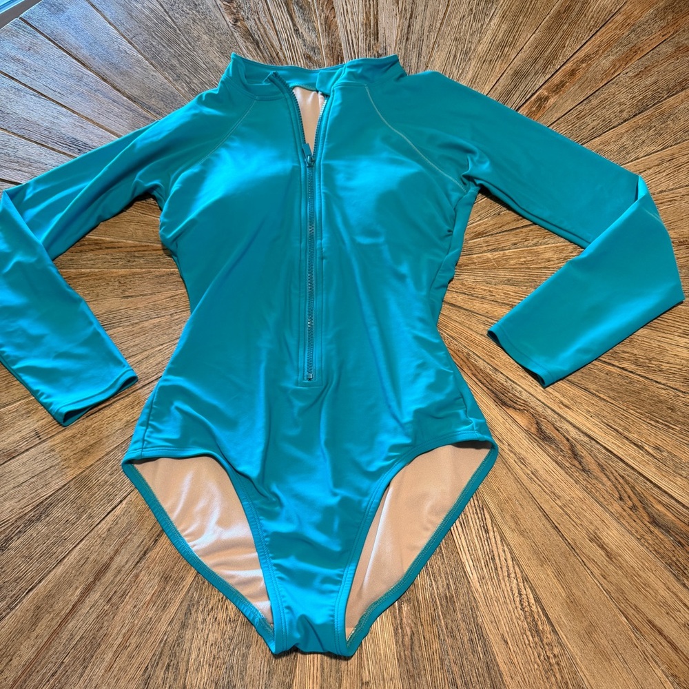 Rash guard long sleeve swimsuit Small Kona Sol  Zip-Front One Piece Teal